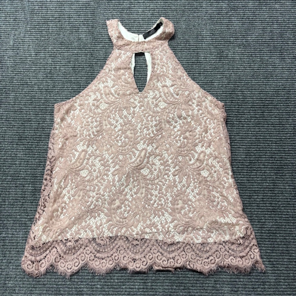BKE Boutique Womensโ Large Pink Floral Lace Halter Top Keyhole Scallop Hem Lined